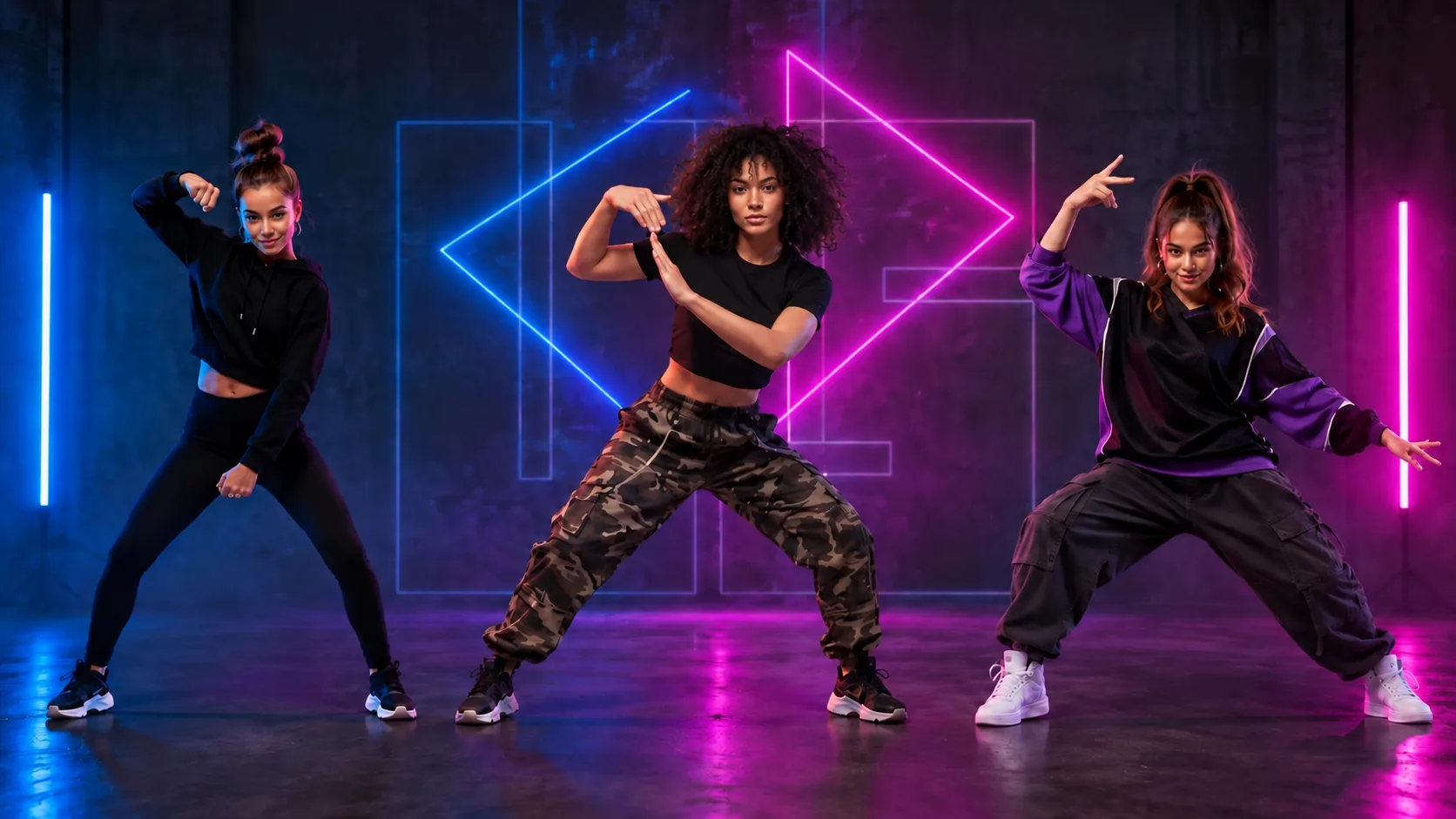Drie dansers van UrbanStylz in een donkere studio met neonlicht